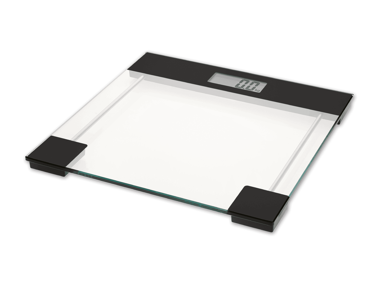 Eine digitale Personenwaage aus Glas mit schwarzem Rahmen.