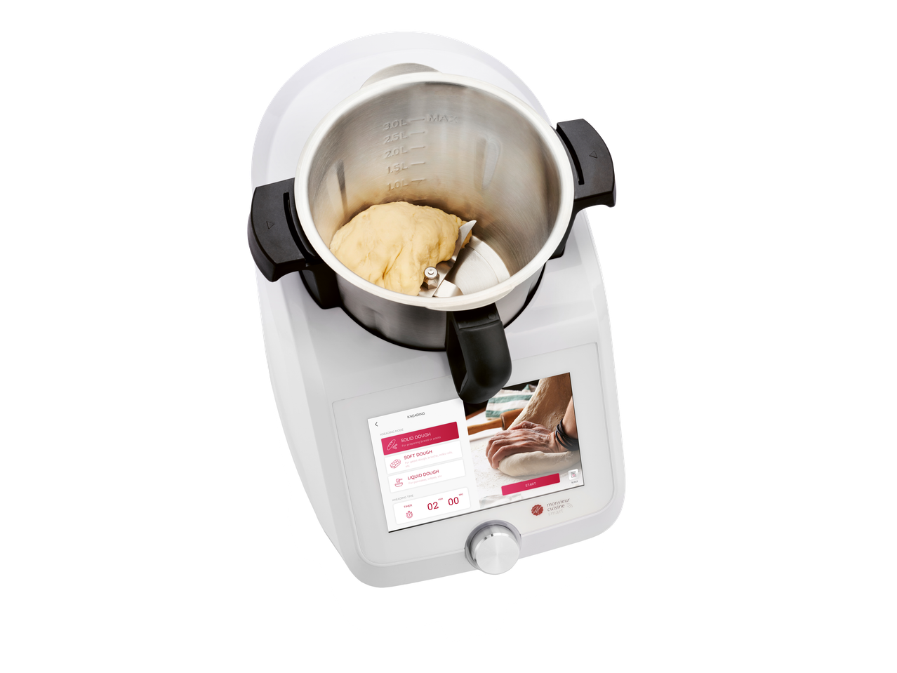 Κουζινομηχανή Monsieur Cuisine Smart ζυμώνει ζύμη, με ψηφιακή οθόνη που δείχνει επιλογές ζυμώματος.