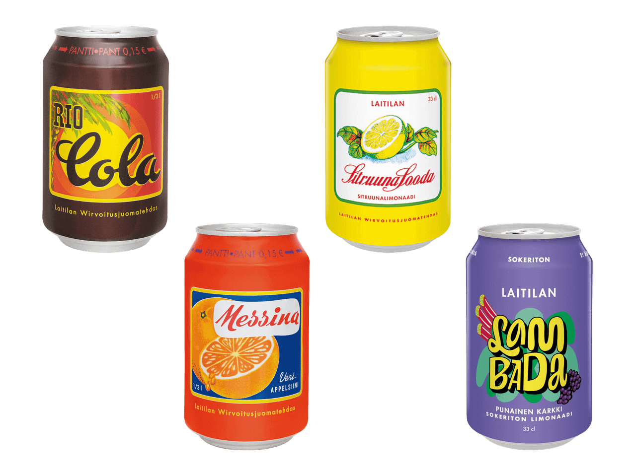 Viisi virvoitusjuomatölkkiä, joissa on eri makuja: cola, sitruuna, veriappelsiini ja punainen karkki.
