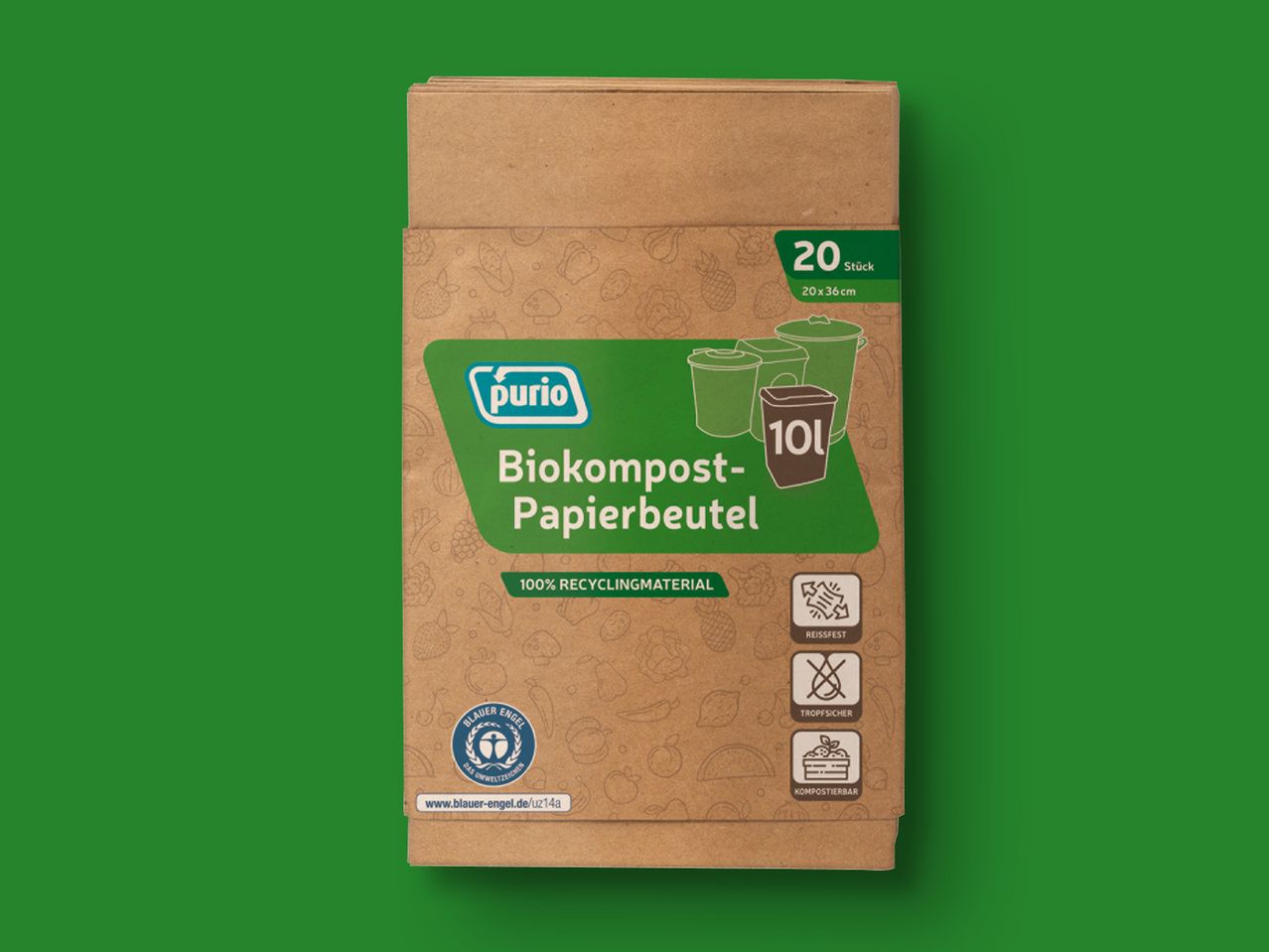 Gehe zu Vollbildansicht: Purio Biokompost-Papierbeutel, 10l - Bild 1
