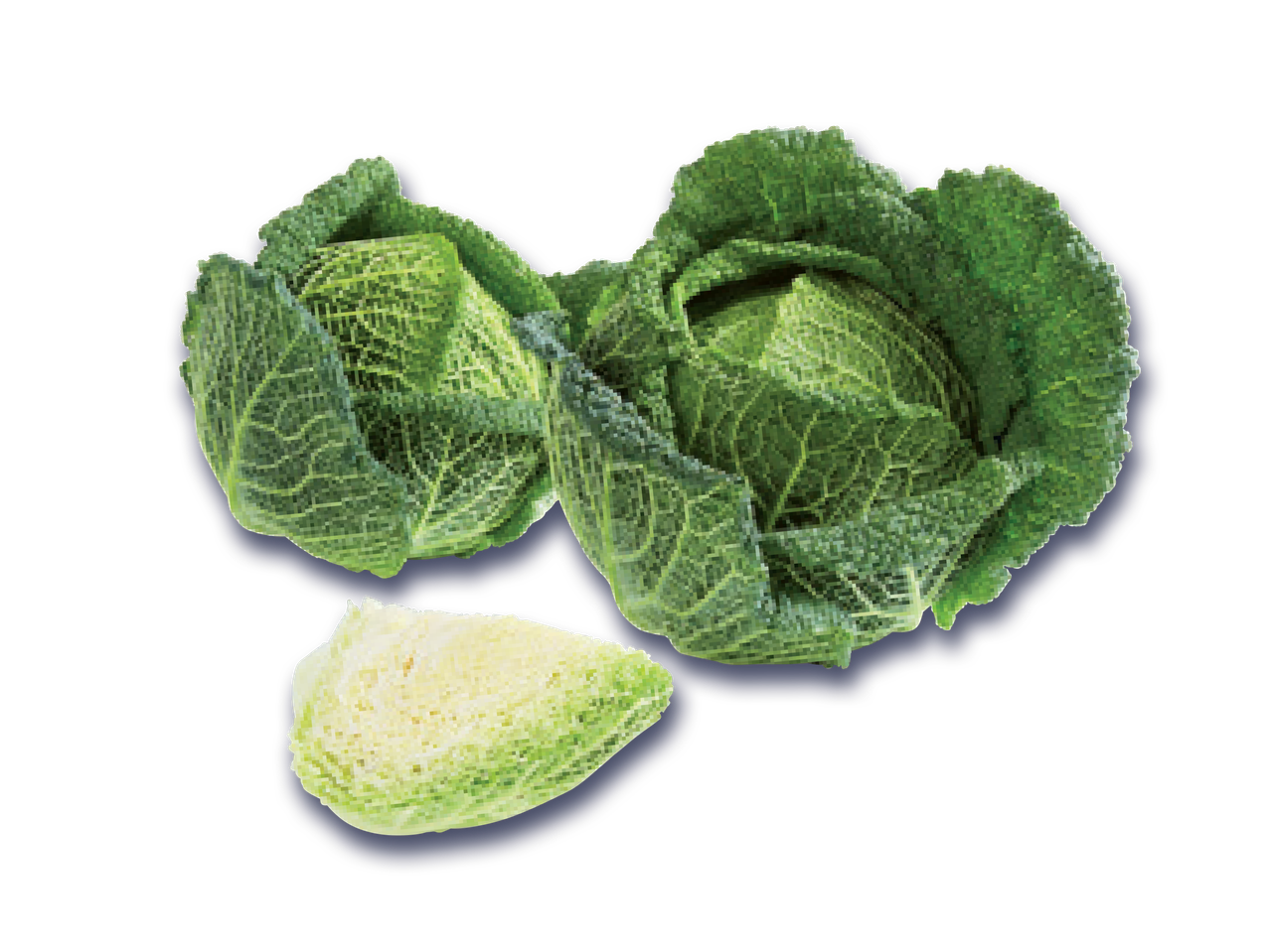 Dvije glavice kelja i jedan narezan komad kelja na crnoj pozadini.