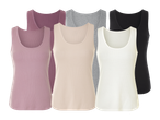 Šest ženskih majic brez rokavov v rožnati, vijolični, bež, sivi, beli in črni barvi.