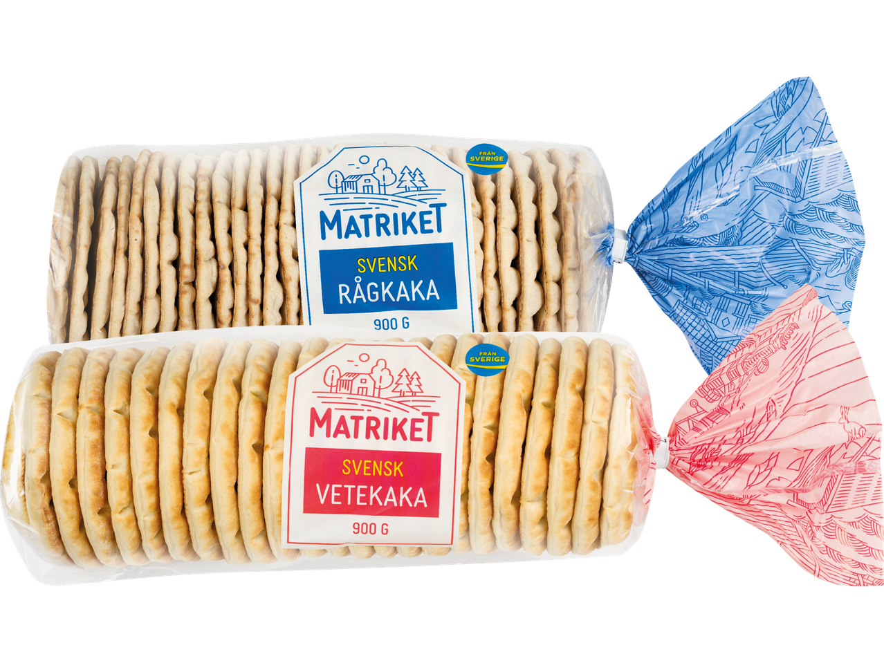 Två förpackningar Matriket svenskt tunnbröd: rågkaka och vetekaka.