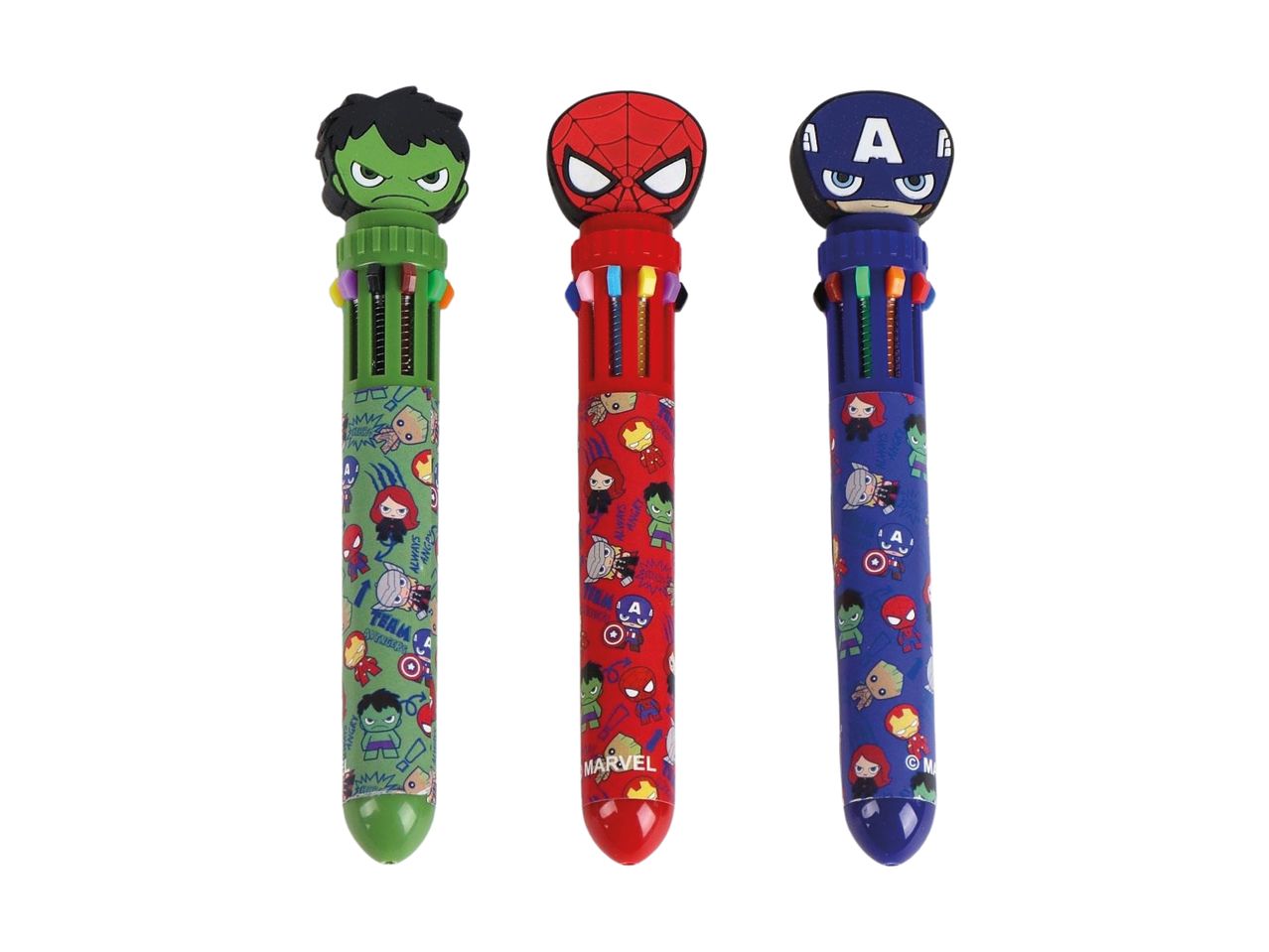 Three Marvel-themed multi-pens with Hulk, Spiderman, and Captain America toppers.