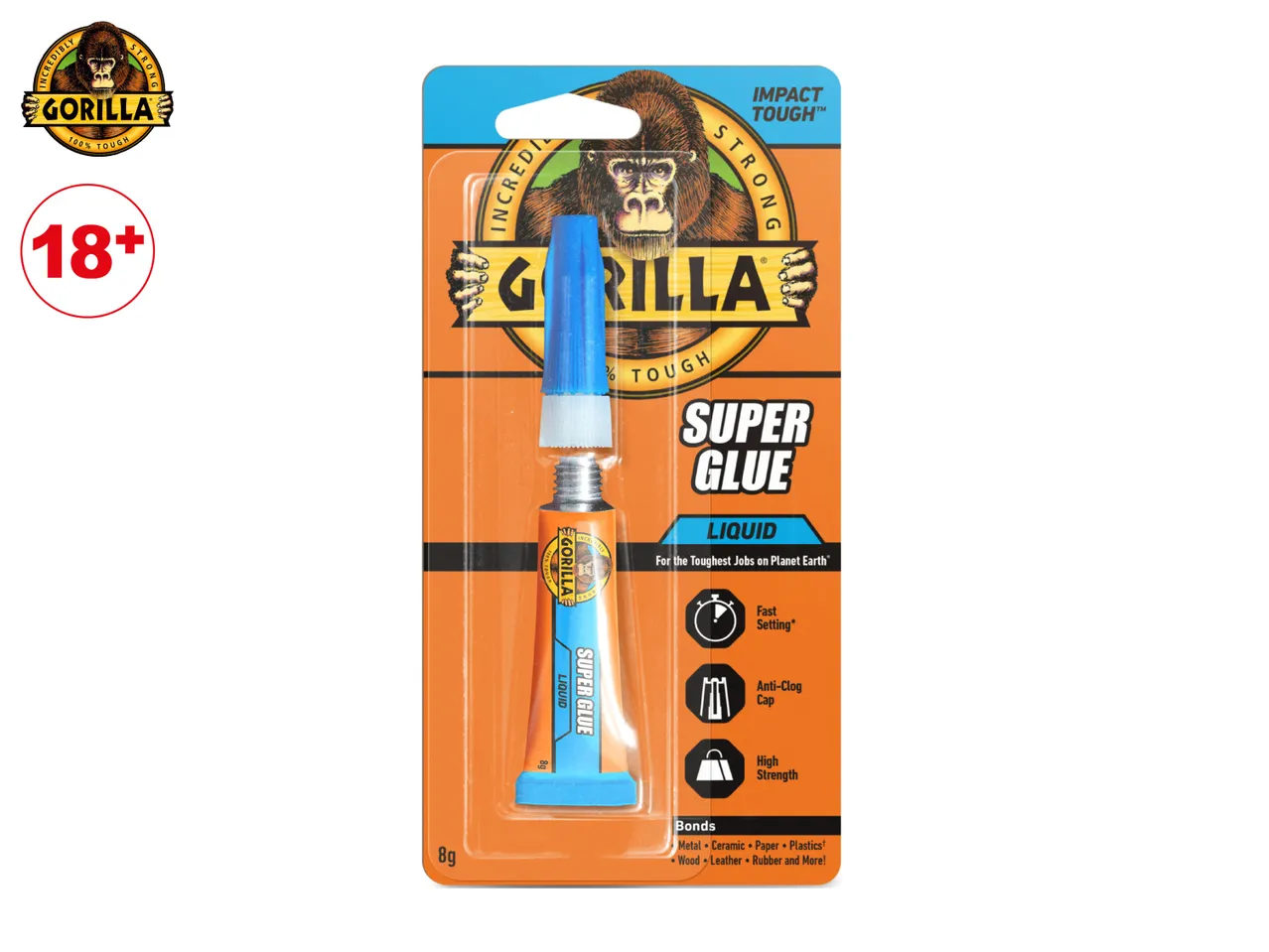 Super glue in liquid form, 8g, with features like fast setting and high strength.