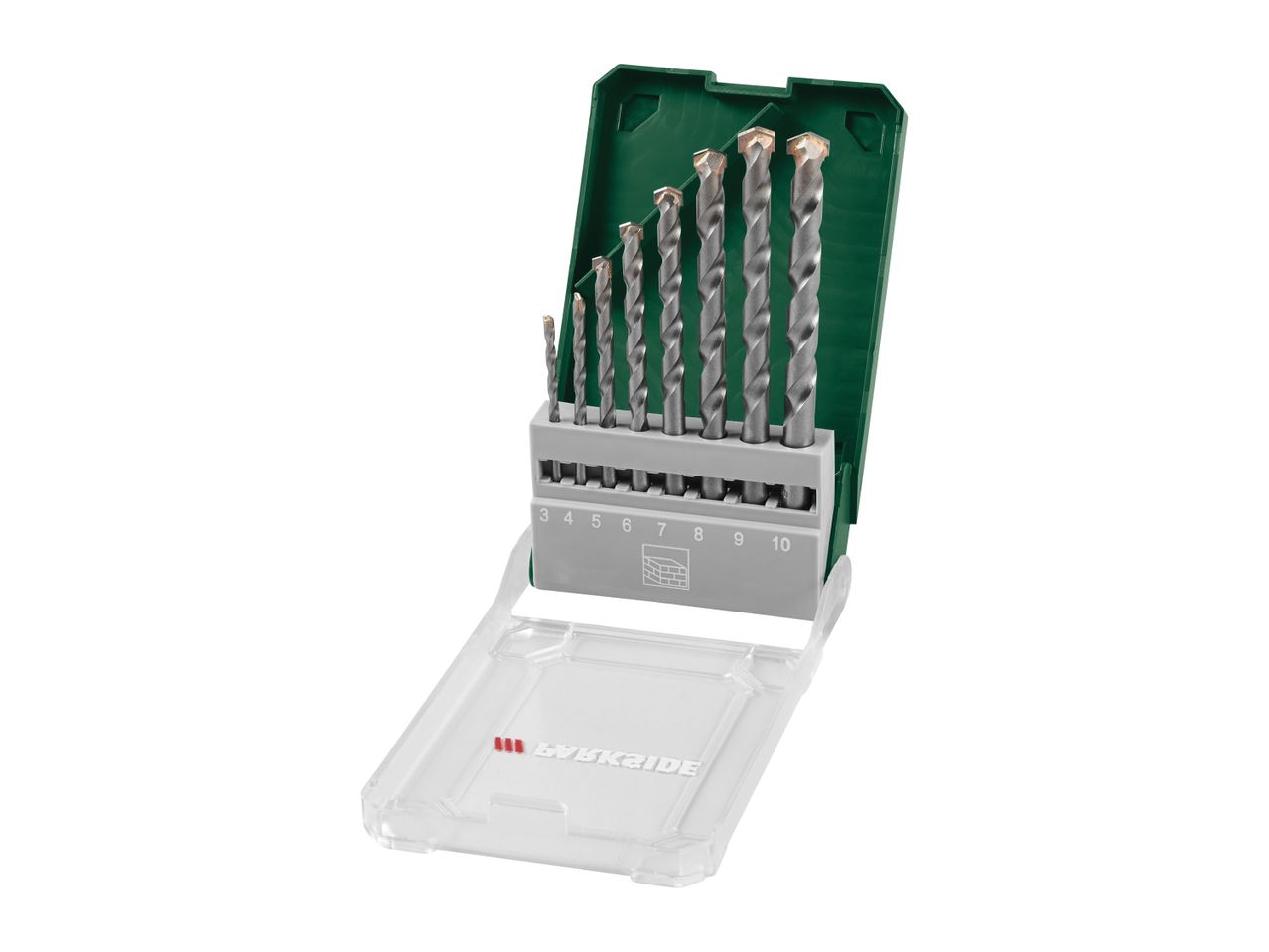 A set of masonry drill bits in a green and clear plastic case.