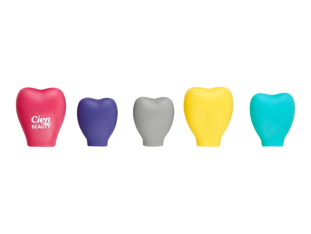 Five heart-shaped silicone pencil sharpeners in pink, purple, gray, yellow, and teal.