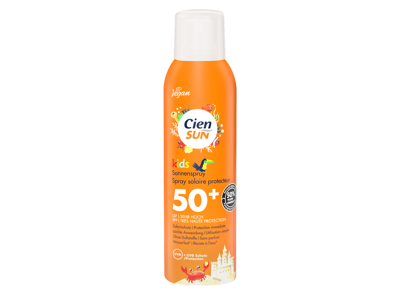 Spray solaire pour enfants avec SPF 50+, protection UVA/UVB et emballage en aluminium recyclé.