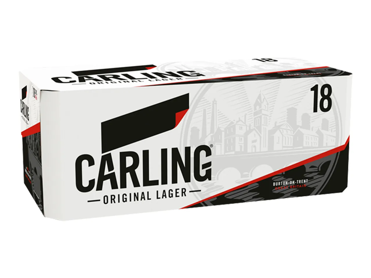 18-pack Carling Original Lager beer cans.