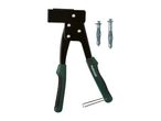 Rivet gun with green handles and two metal hollow wall anchors