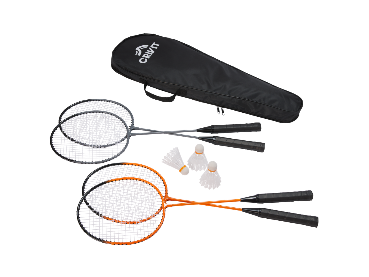 Conjunto de badminton CRIVIT com duas raquetes cinzentas, duas laranjas, três petecas e uma bolsa preta.