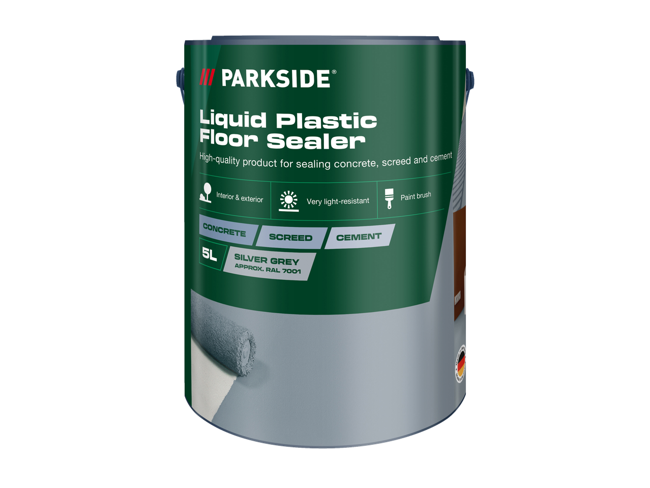 PARKSIDE tekući plastični brtvilo za podove za beton, estrih i cement, u srebrno sivoj boji.