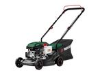 Green and black petrol lawnmower with a grass collection bag.