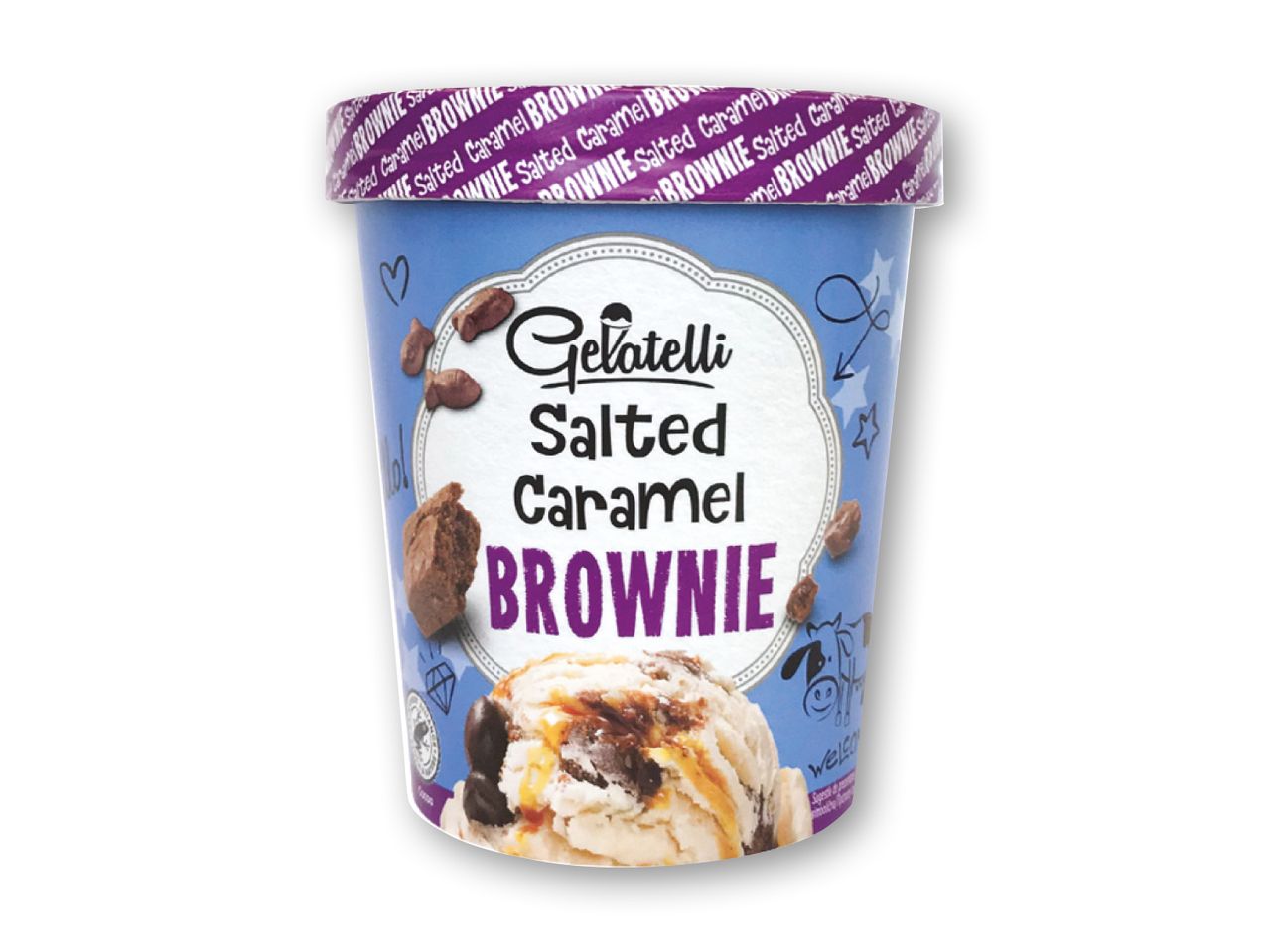 Isbøtte med salted karamel brownie-is, toppet med karamelsauce og brownie-stykker.