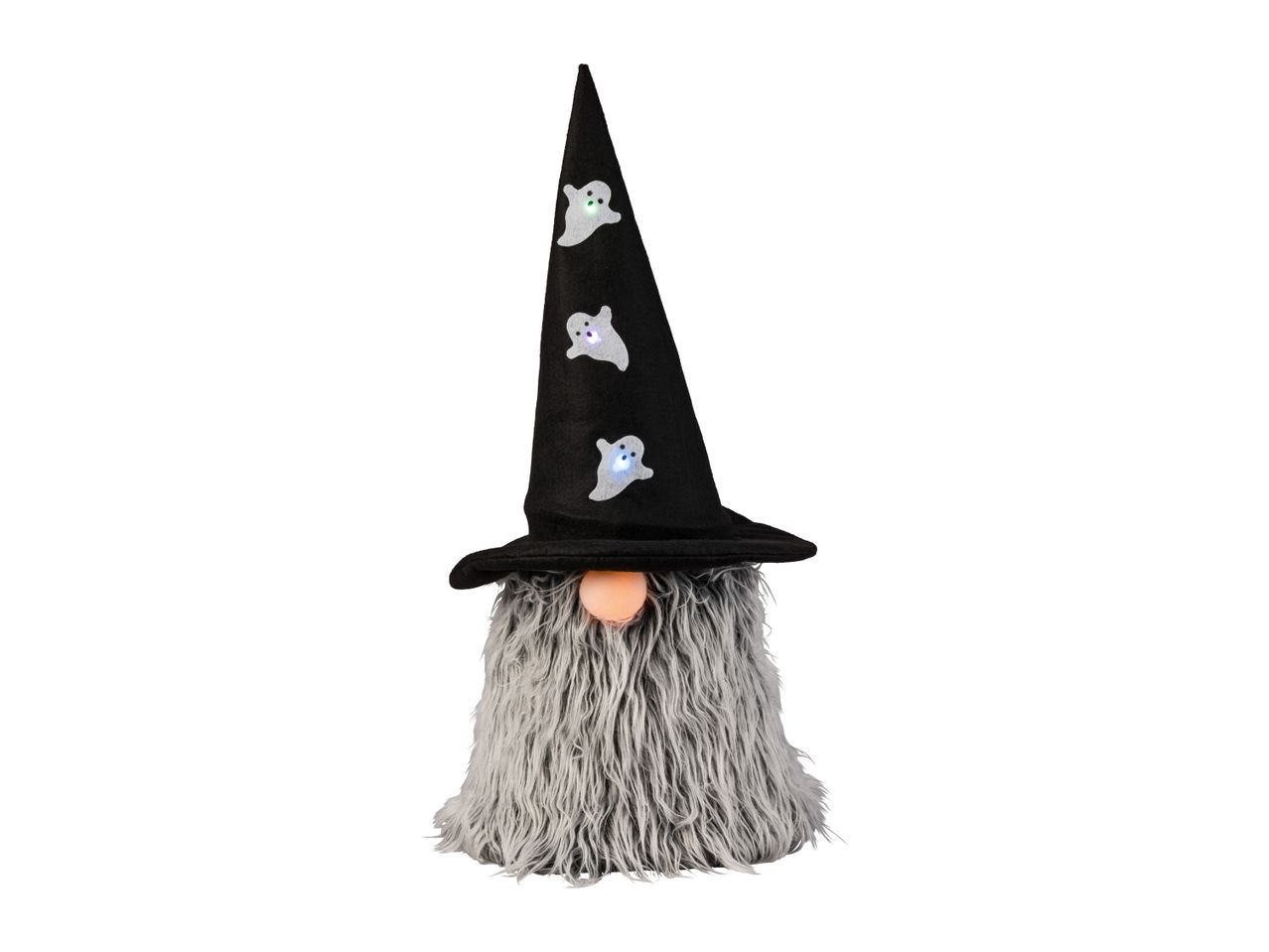 Halloween gnome decoration with a black witch hat and glowing nose
