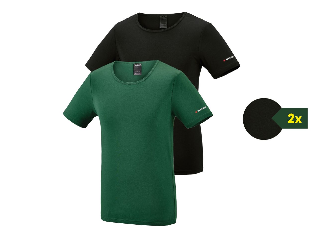 Due magliette Parkside, una verde e una nera, con un'etichetta '2x'.