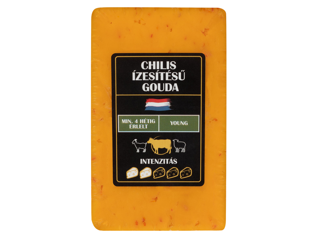 Chilis ízesítésű Gouda sajt, minimum 4 hétig érlelt, fiatal, közepes intenzitású.