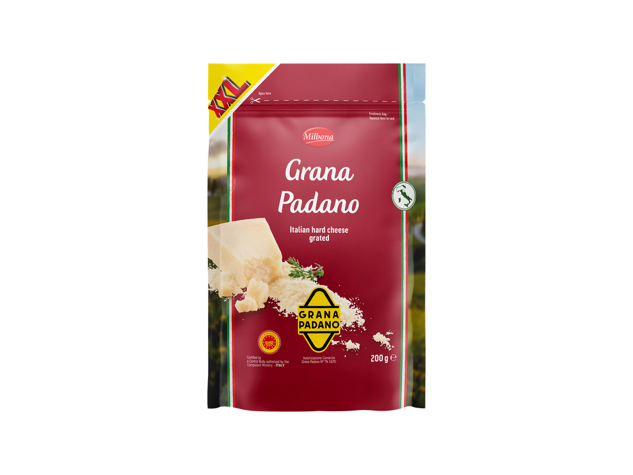 Milbona Grana Padano talijanski tvrdi sir, naribani, u crvenoj i žutoj XXL vrećici.