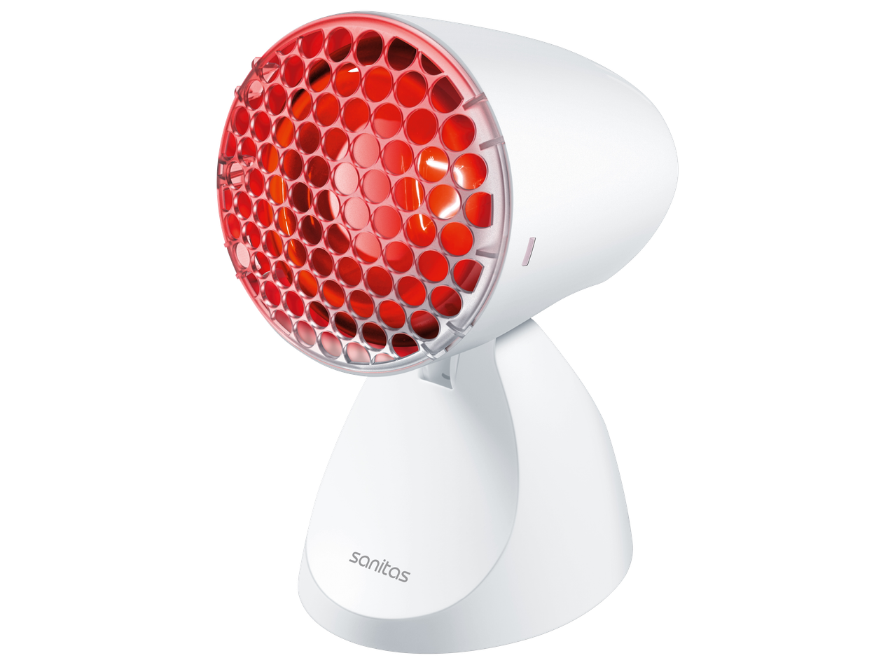 Инфрачервена лампа Sanitas с червена светлина и бял корпус.