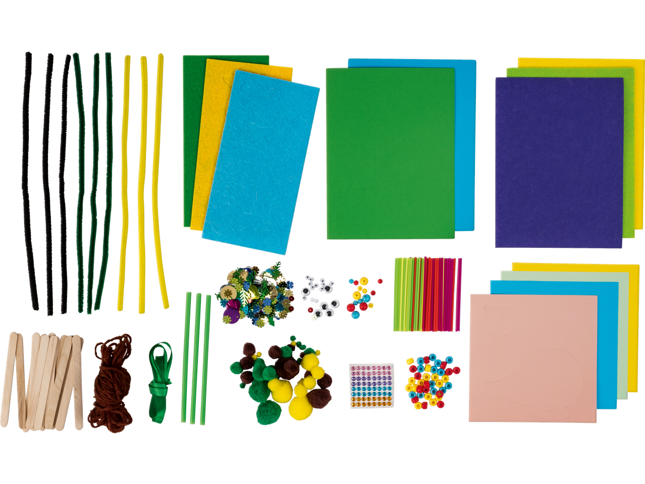 KREATIVNI MATERIJALI: Veliki asortiman kreativnih materijala, uključujući žice za čišćenje lula, filc, papir, šljokice, pokretne oči, perle, pompone i drvene štapiće.