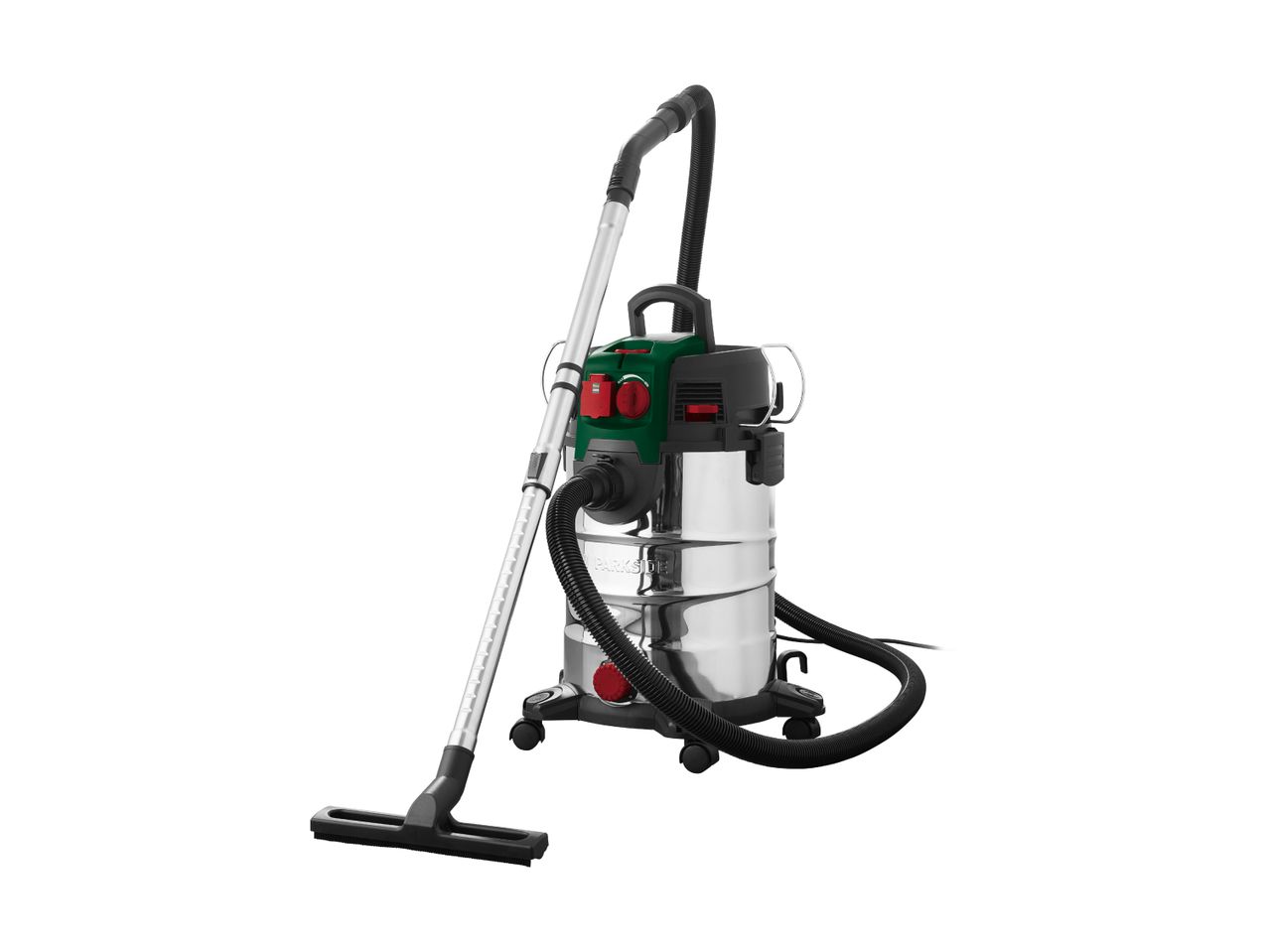 A large, industrial-style wet/dry vacuum cleaner with a long hose and floor nozzle.