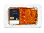Zalmfilet BBQ lemon in een aluminium bakje met een transparante deksel en etiket.
