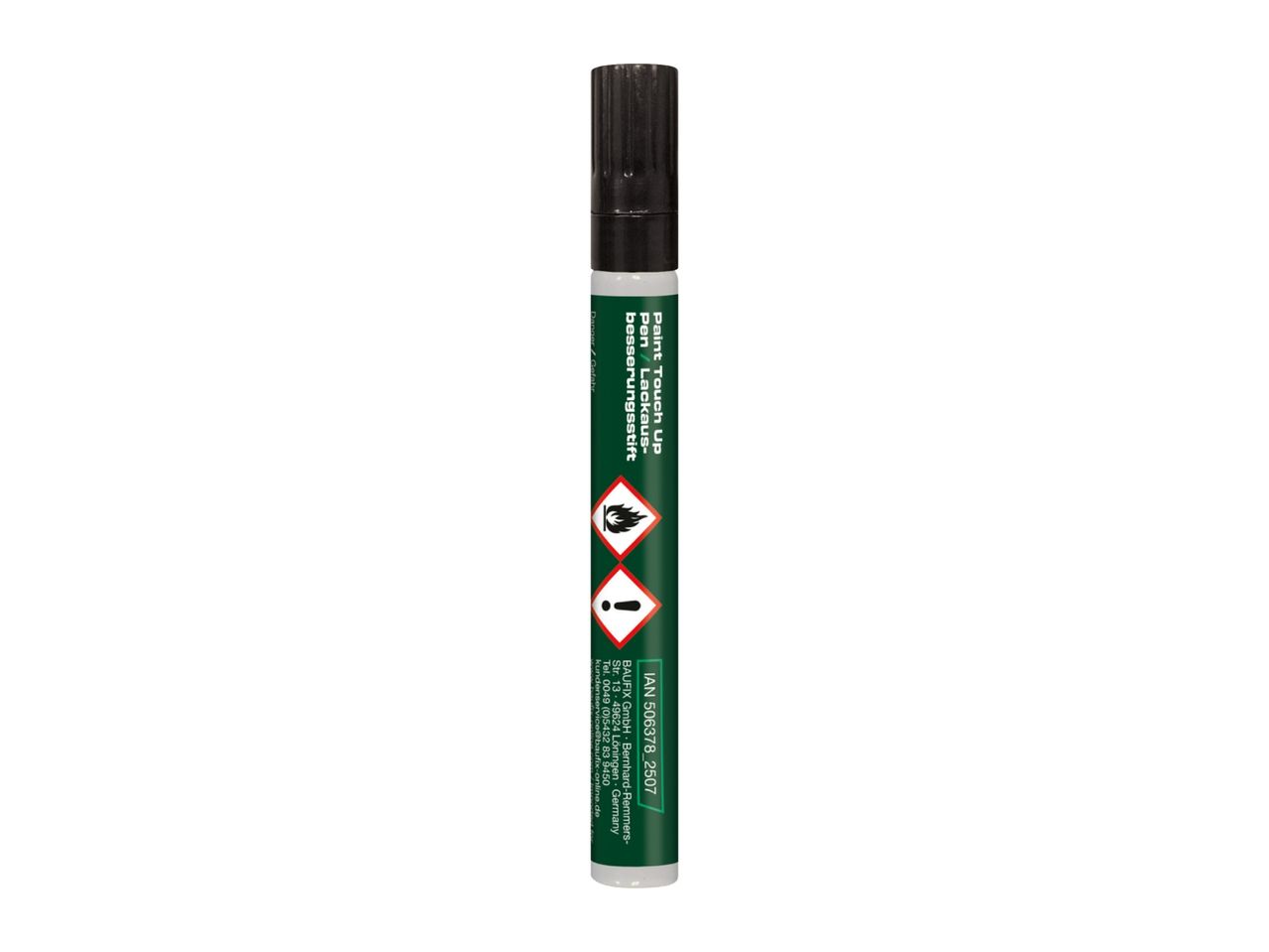 Paint touch-up pen with hazard symbols for flammability and irritation.