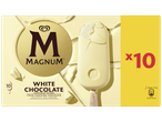 Boîte de 10 bâtonnets de glace au chocolat blanc, avec un bâtonnet cassé révélant la glace vanille.
