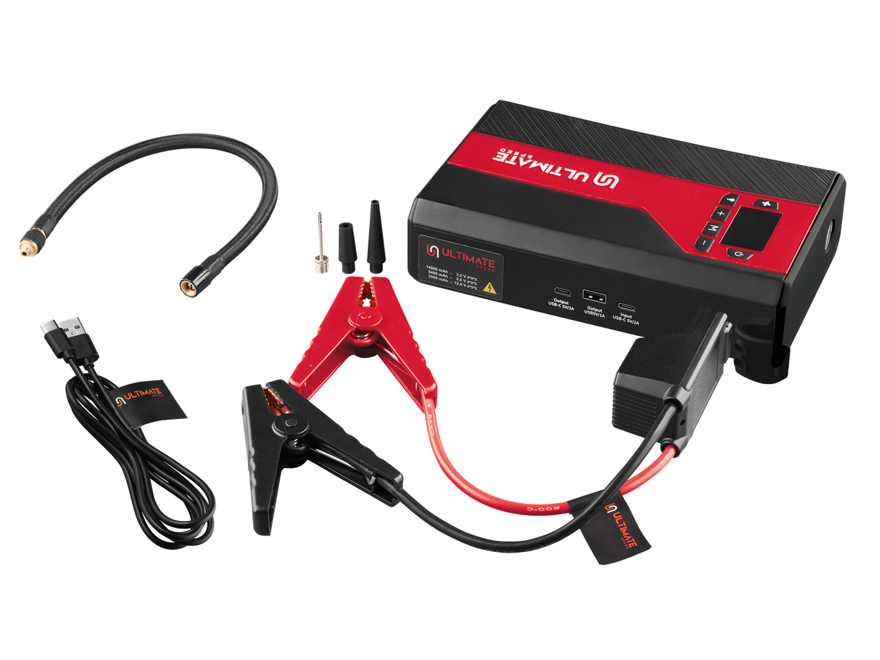 Set za pokretanje automobila Ultimate Speed sa kablovima za paljenje, USB kablom i dodacima za pumpu.