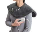 Woman with SENSIPLAST® shoulder and neck heating pad and remote control