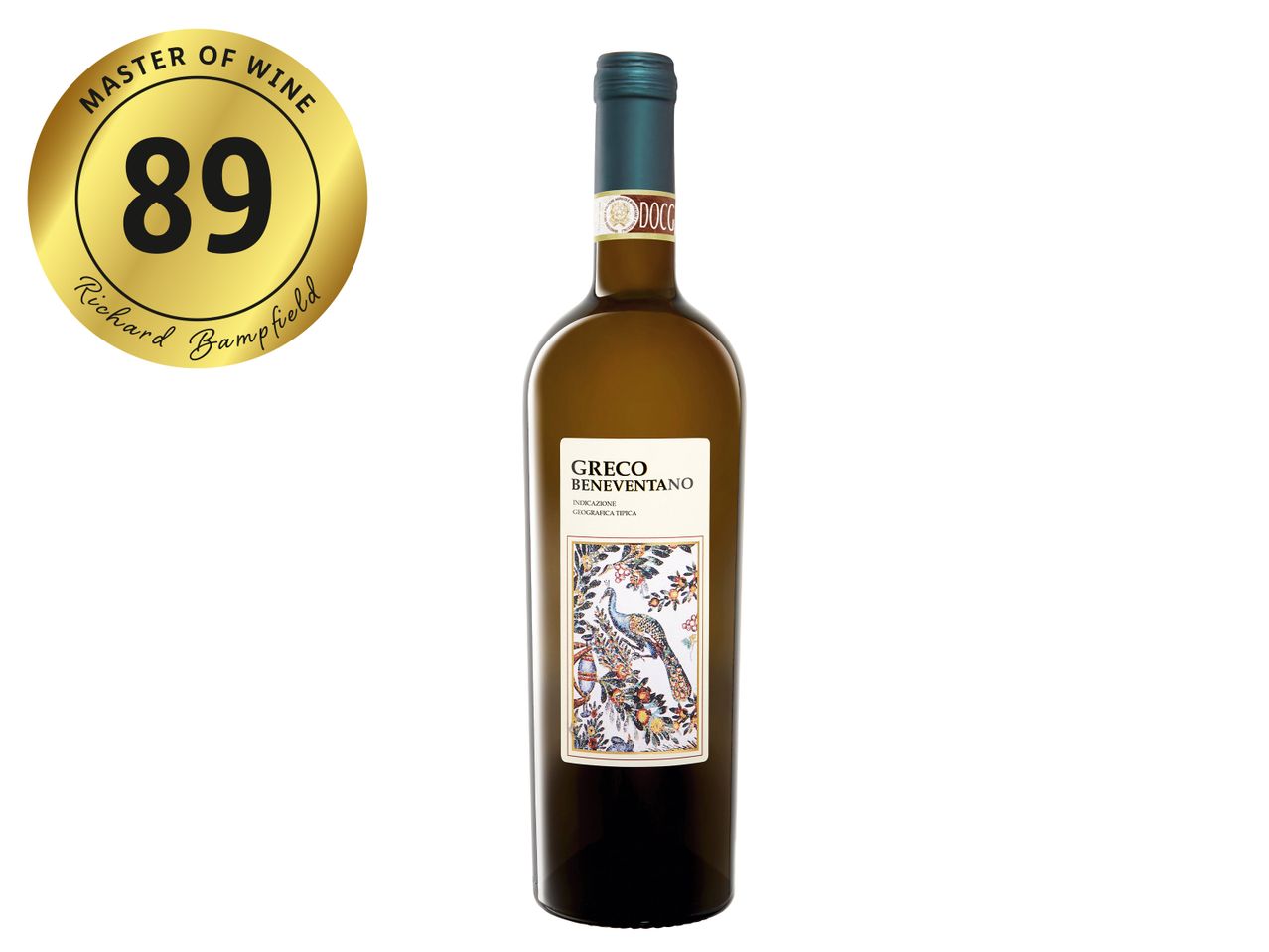 A bottle of Greco Beneventano white wine with a Master of Wine 89-point rating by Richard Bampfield.