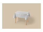 Rectangular table with a light grey plastic tablecloth on a beige background.