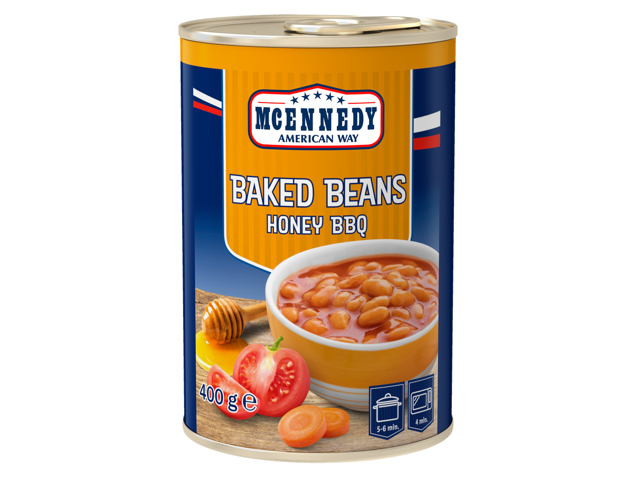 McNedy American Way kepti pupelės su medumi ir BBQ padažu skardinėje.