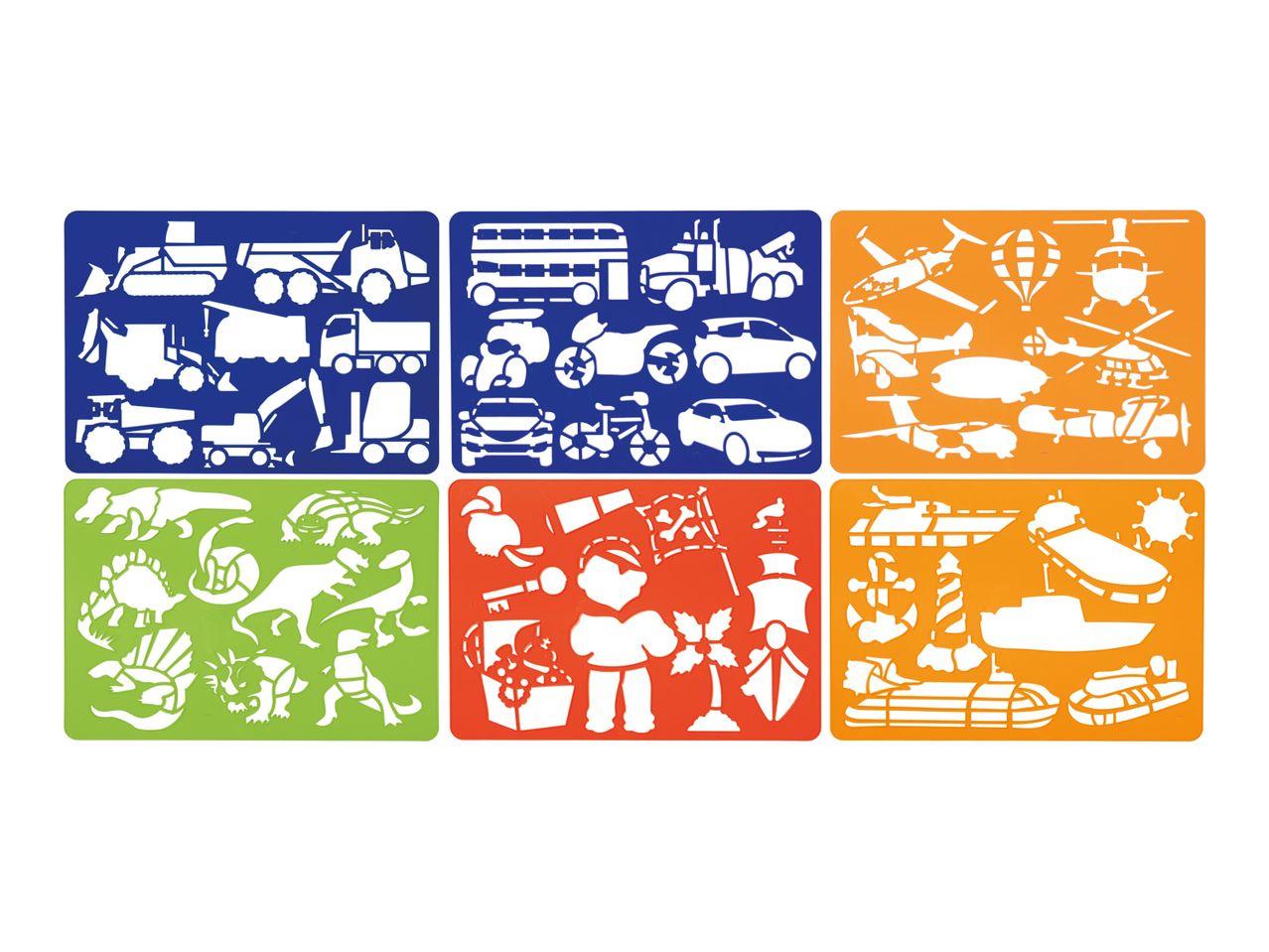 Six reusable stencils featuring vehicles, dinosaurs, and other fun designs for kids' crafts.