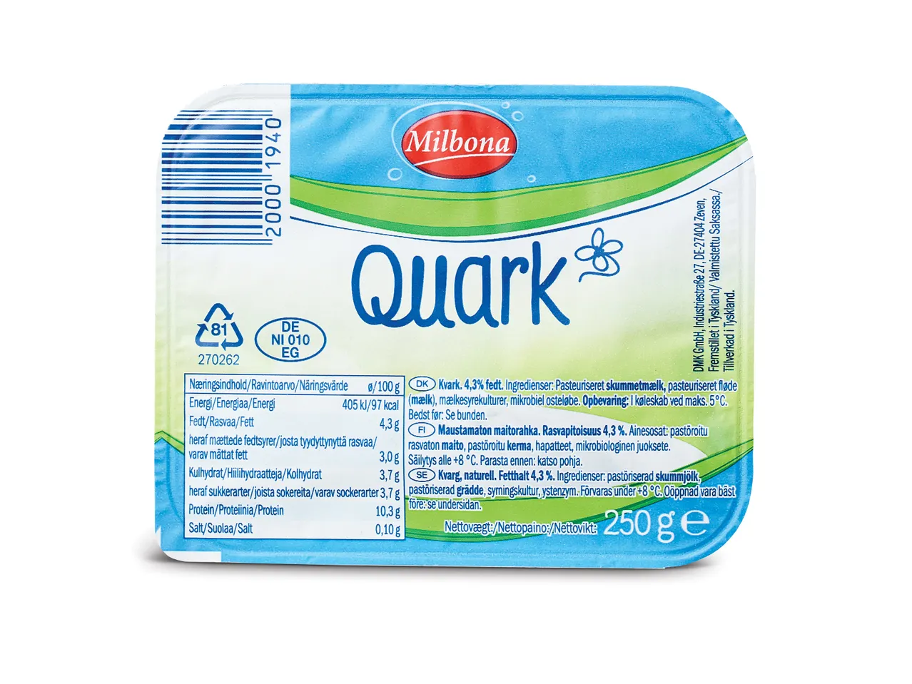 Milbona Quark 4,3% fedt, 250g pakke med ernæringsoplysninger og ingredienser.