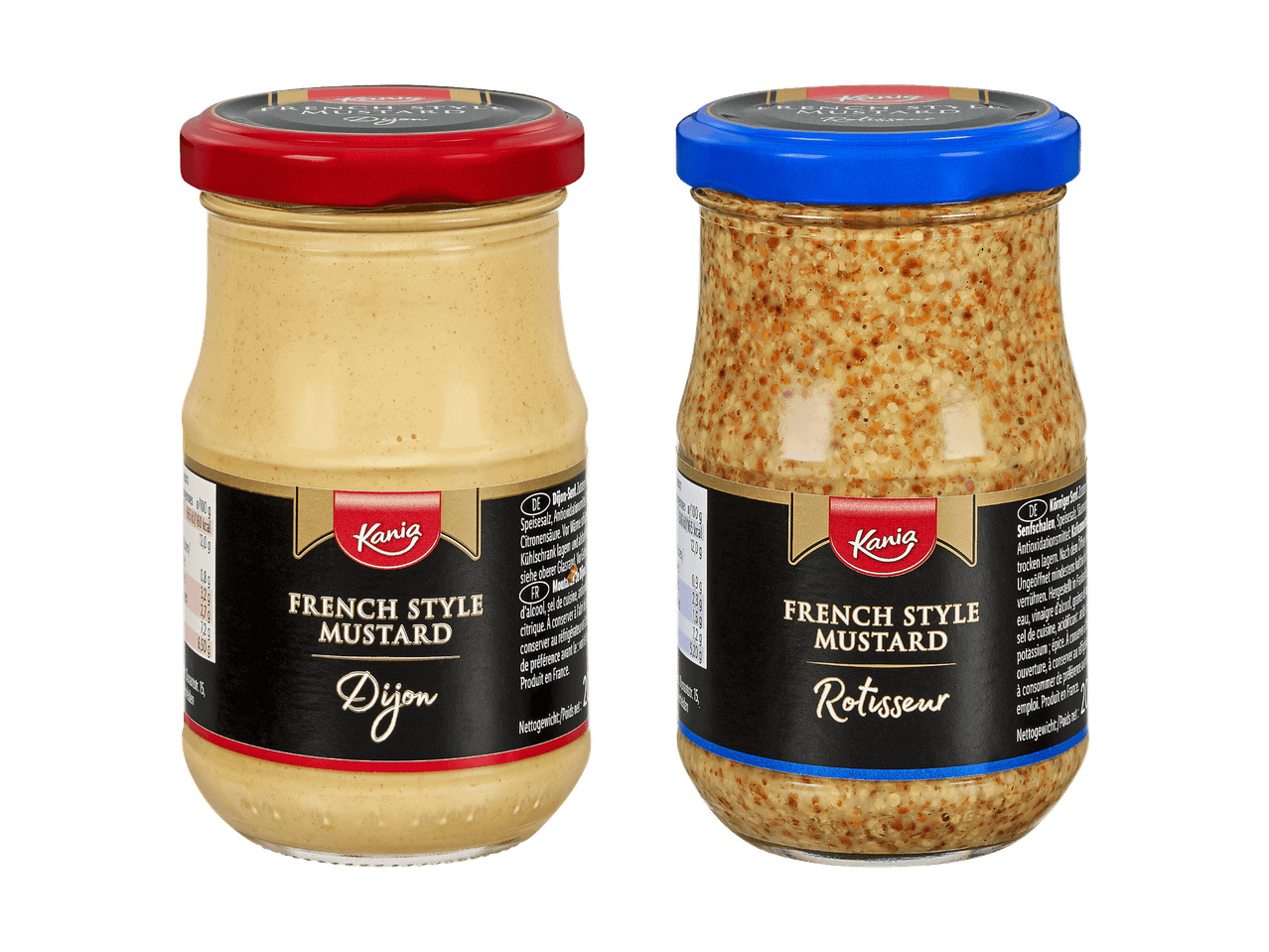 Deux pots de moutarde à la française, l'un de Dijon et l'autre de Rotisseur.