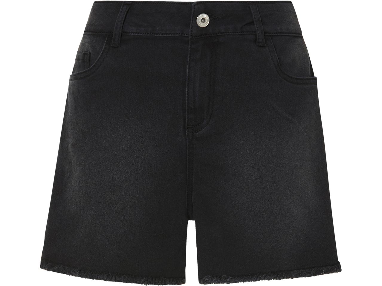 Black denim shorts with frayed hem.