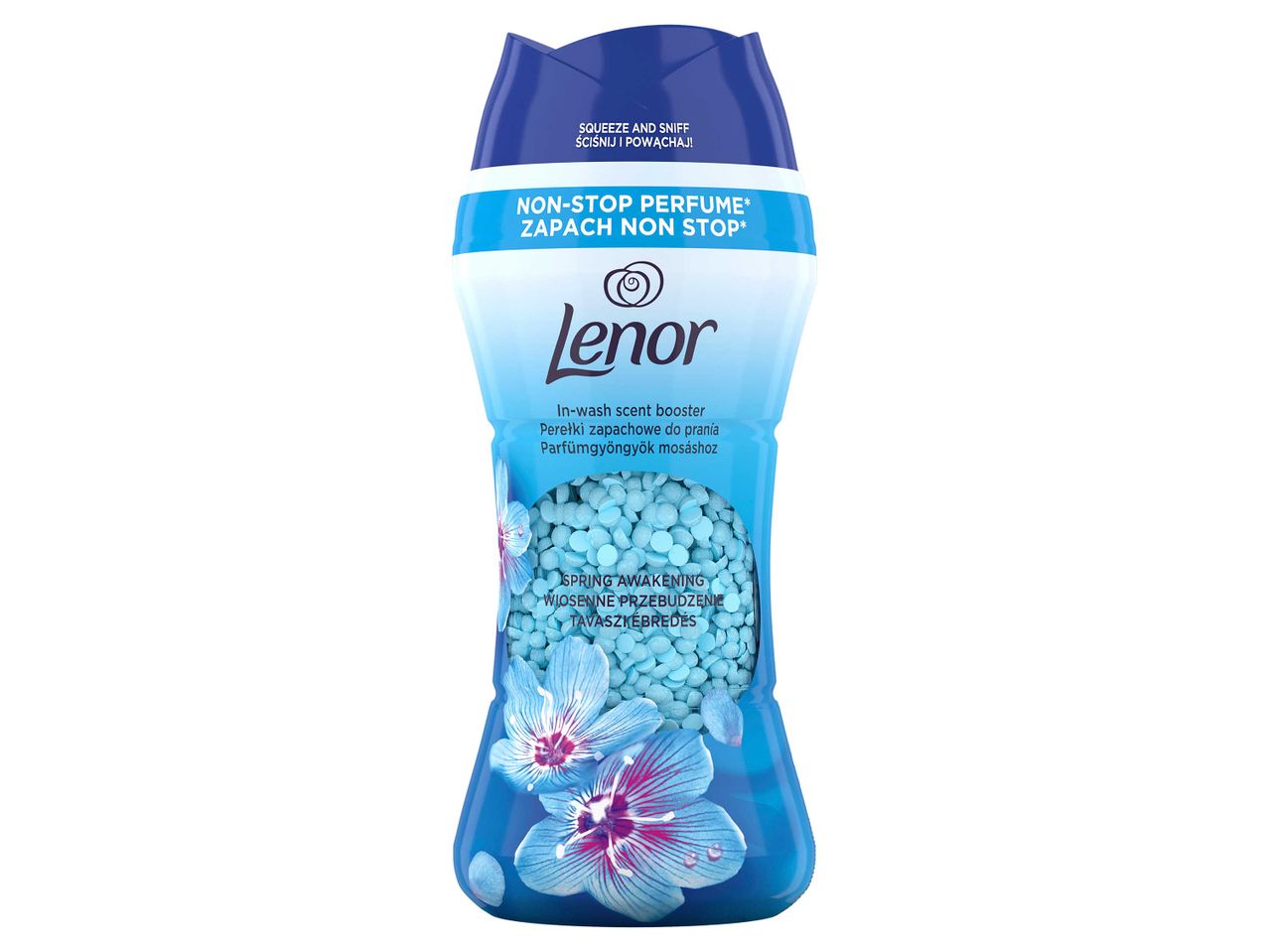 Lenor Spring Awakening mosószer illatfokozó, kék virágos dizájnnal.