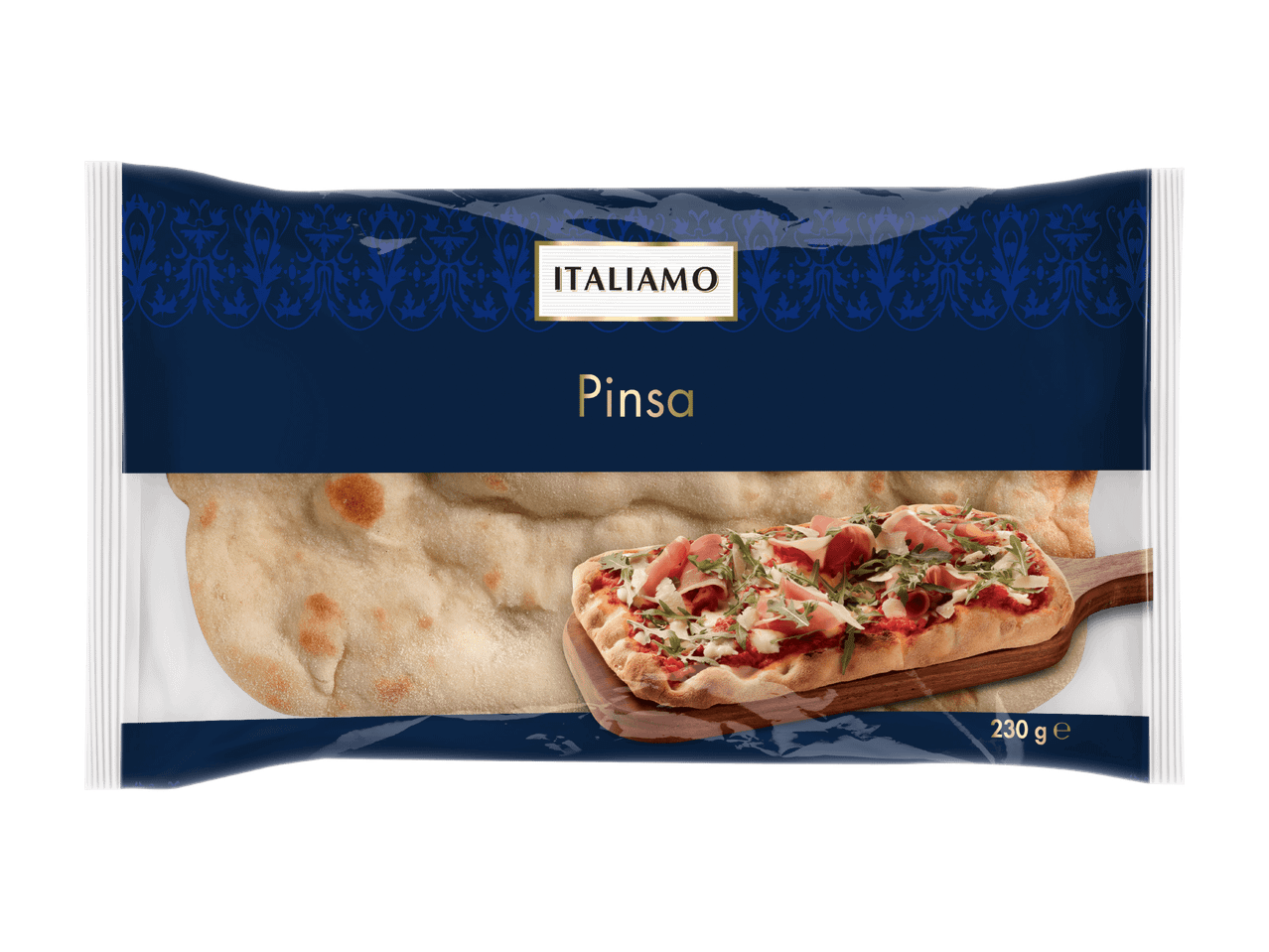Confezione di Pinsa Italian con pinsa non condita e pinsa condita su tagliere.