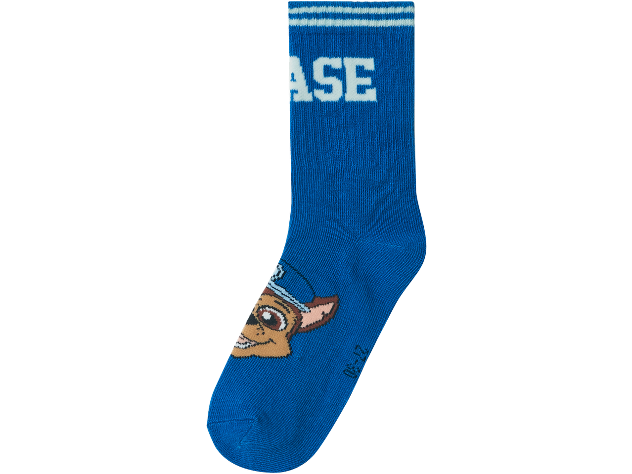 Plave čarape sa psom Čejsom iz Patrolnih šapa i natpisom „CHASE“.