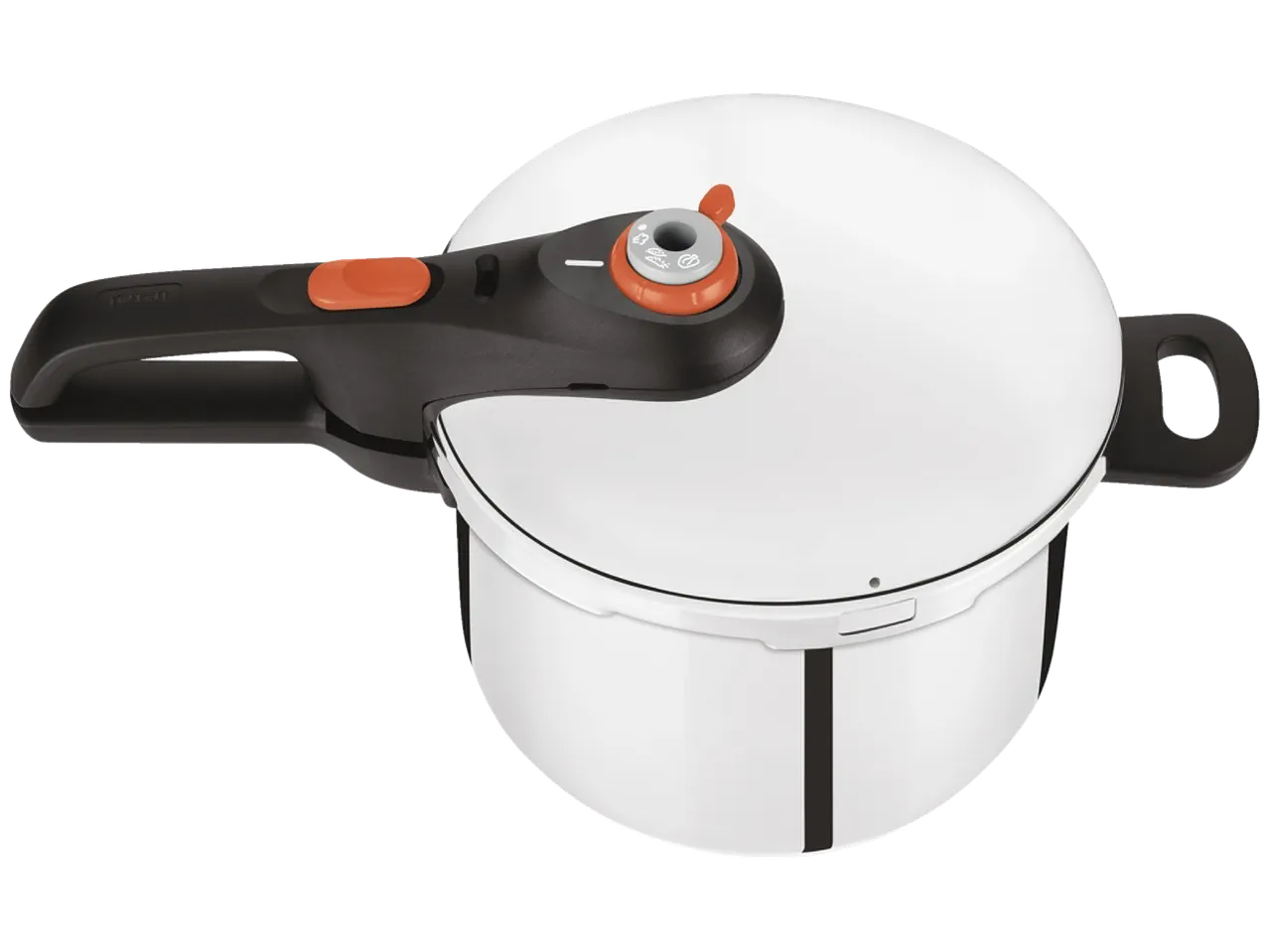 Witte Tefal snelkookpan met zwart handvat en oranje details