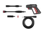 High-pressure cleaner gun with various nozzles, a cleaning needle, and a coiled hose.
