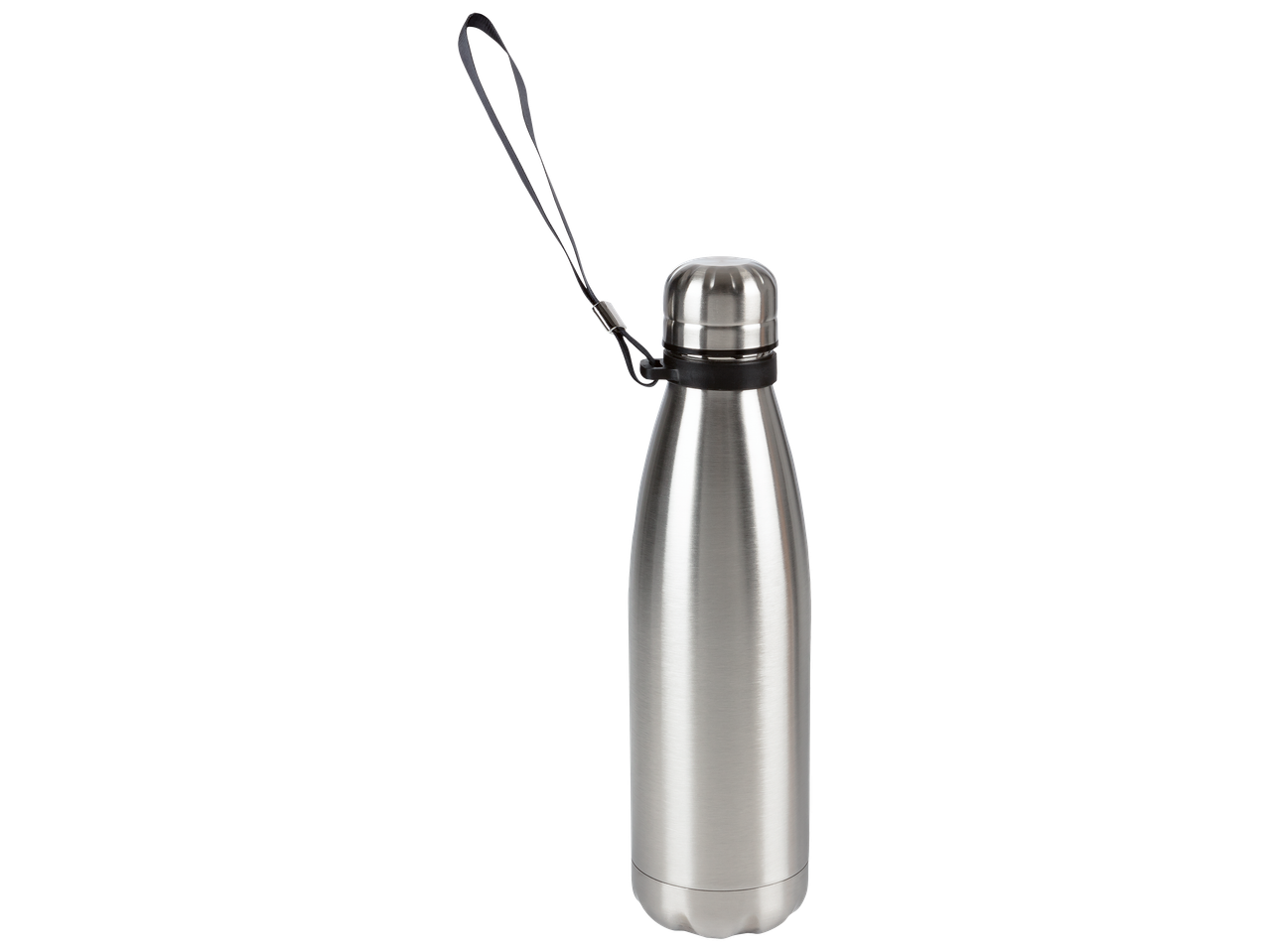 Bouteille isotherme en acier inoxydable avec dragonne noire.