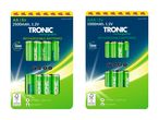 To pakker med 8 TRONIC genopladelige batterier (AA og AAA) vist på en hvid baggrund.