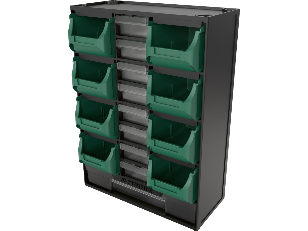 Organizator de scule Parkside cu sertare verzi.
