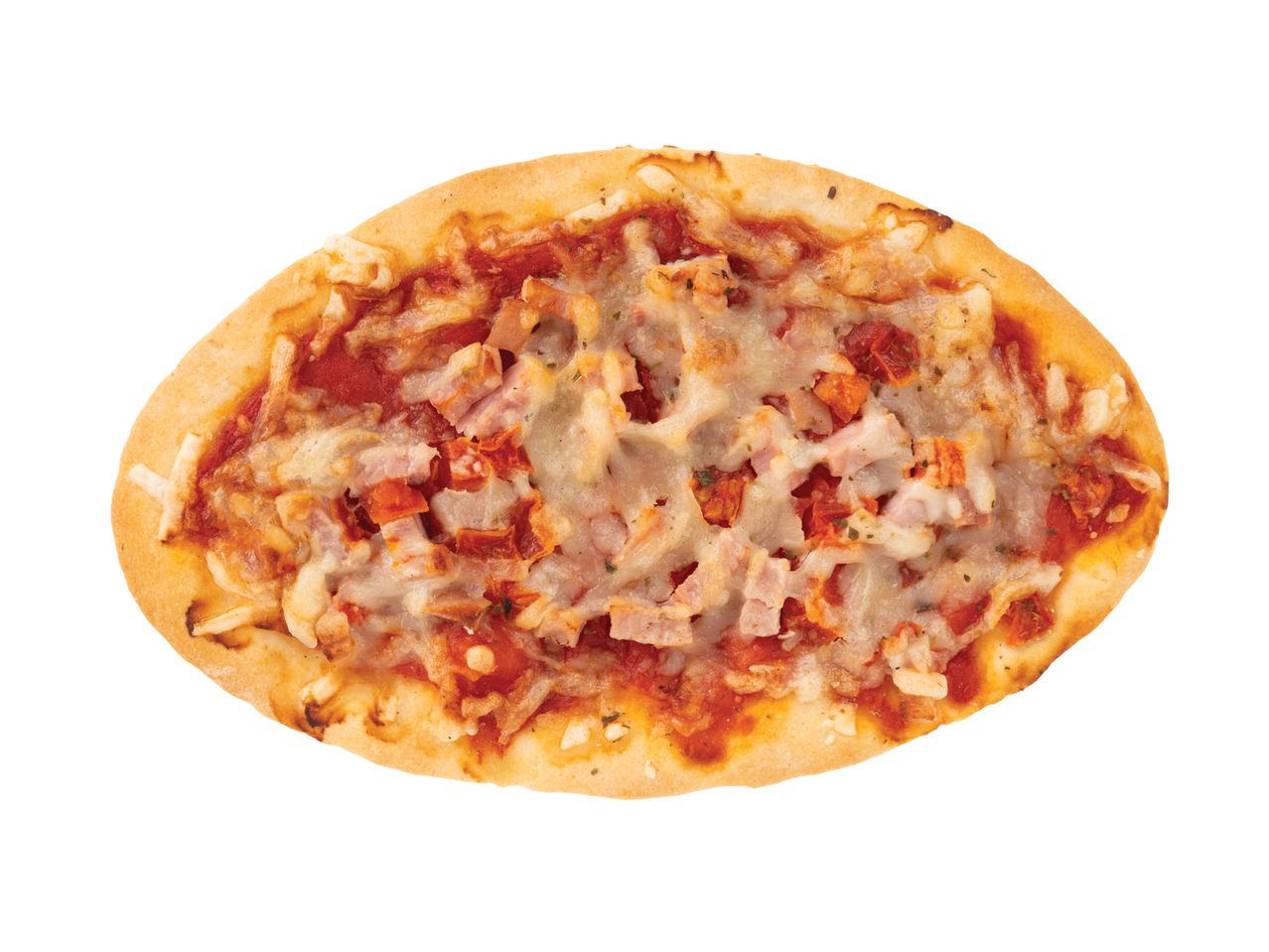 Mini pizza com presunto e queijo.