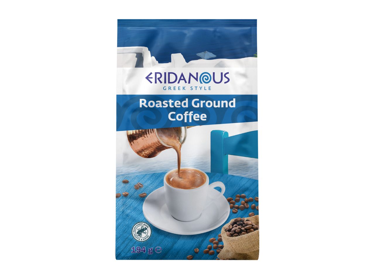 Greek style roasted ground coffee in a pouch, with coffee being poured into a cup.
