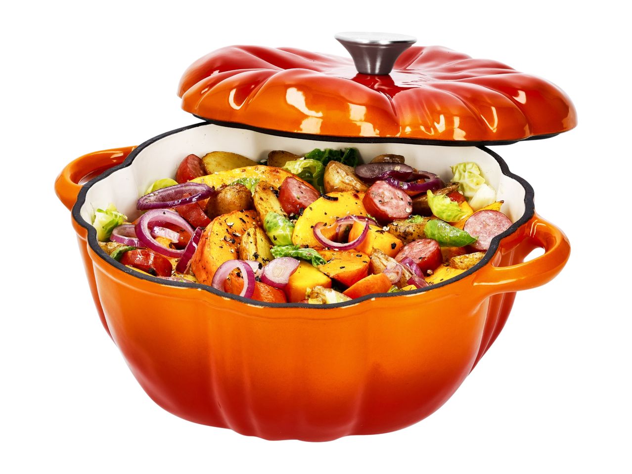 Pumpkin-shaped Dutch oven filled with roasted vegetables and sausage.