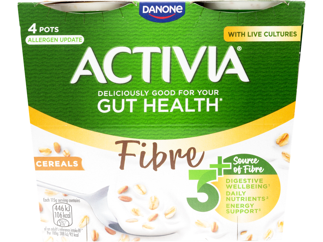 Danone Activia Fibre yogurt with cereals, promoting gut health and digestive wellbeing.