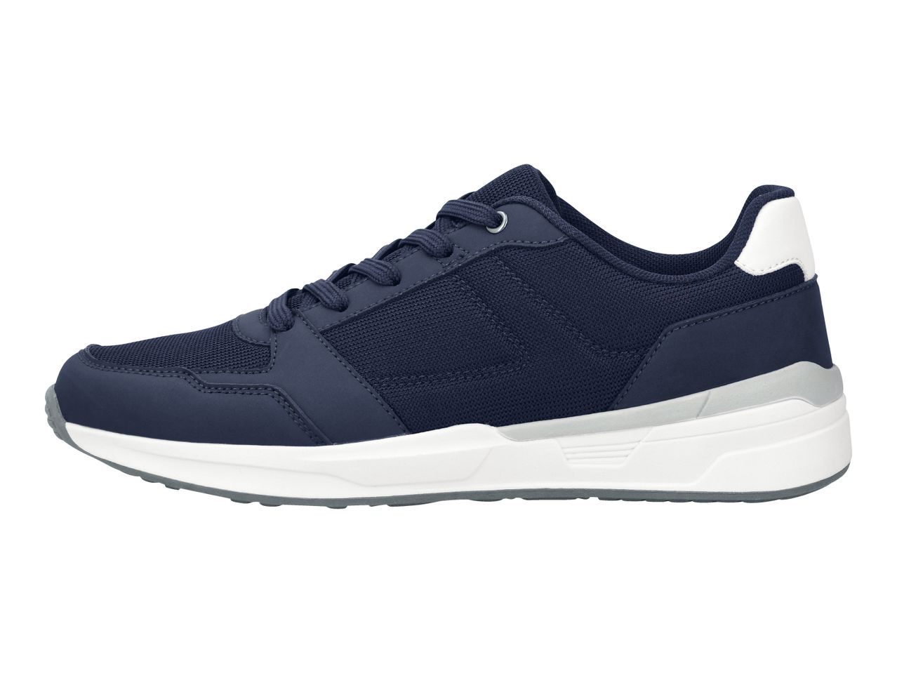Navy blue men's sneakers with white soles and grey accents.